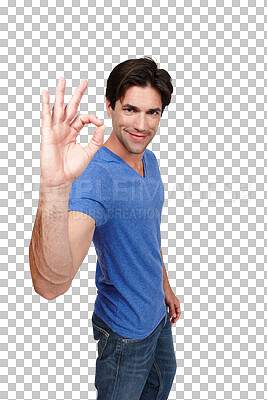 Buy stock photo Man, ok and smile in portrait, approval and agreement or isolated on transparent png background. Male person, face and emoji or icon, yes and like or success, promotion and good job or well done