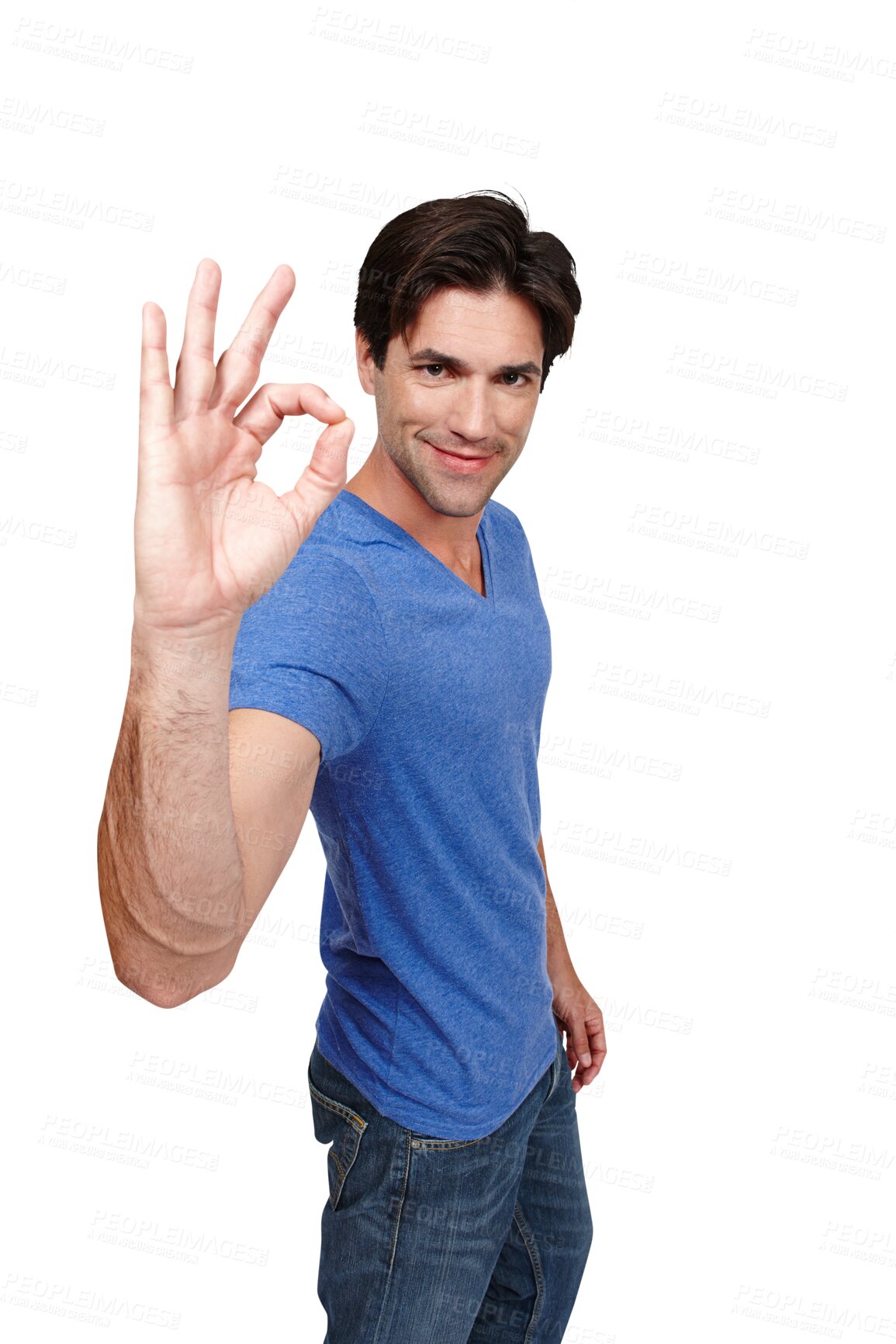 Buy stock photo Man, ok and smile in portrait, approval and agreement or isolated on transparent png background. Male person, face and emoji or icon, yes and like or success, promotion and good job or well done