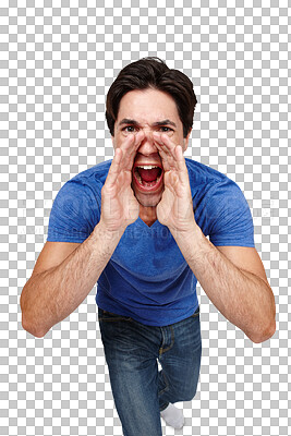 Buy stock photo Portrait, shouting and announcement with a young man isolated on a transparent background. Loud, screaming or yelling and a person cupping his mouth with his hands for volume or communication on PNG