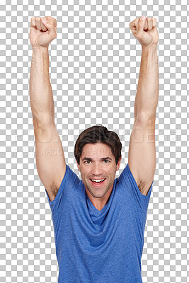 Buy stock photo Happy man, portrait and fist pump in celebration for winning isolated on a transparent PNG background. Excited male person or model smile with hands in air for achievement, bonus or sale promotion