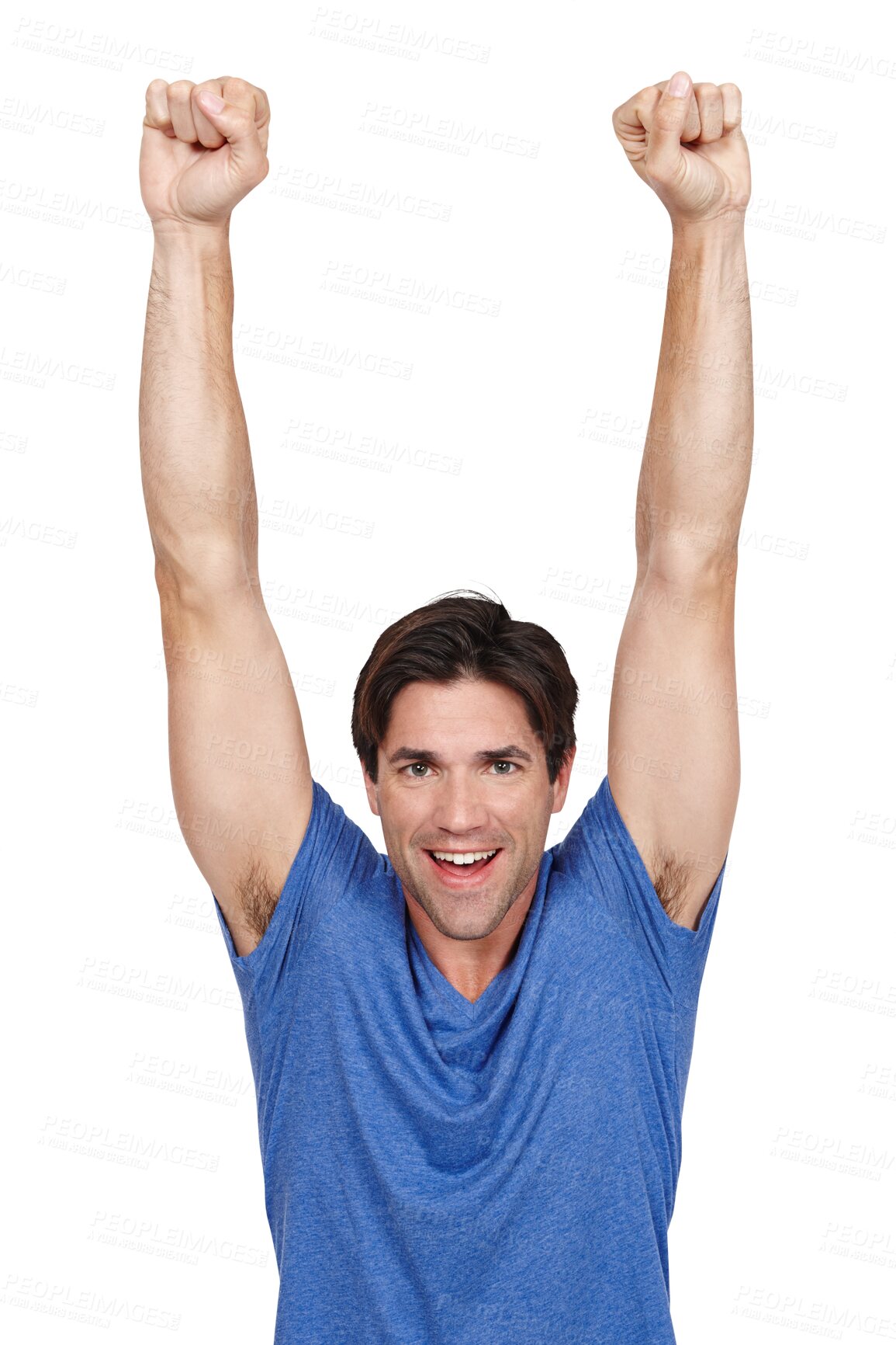 Buy stock photo Happy man, portrait and fist pump in celebration for winning isolated on a transparent PNG background. Excited male person or model smile with hands in air for achievement, bonus or sale promotion