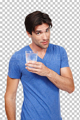 Buy stock photo Portrait, water and hydration with a young man isolated on a transparent background to recommend a drink. Glass, beverage and refreshment with a confident person on PNG for health, diet or nutrition