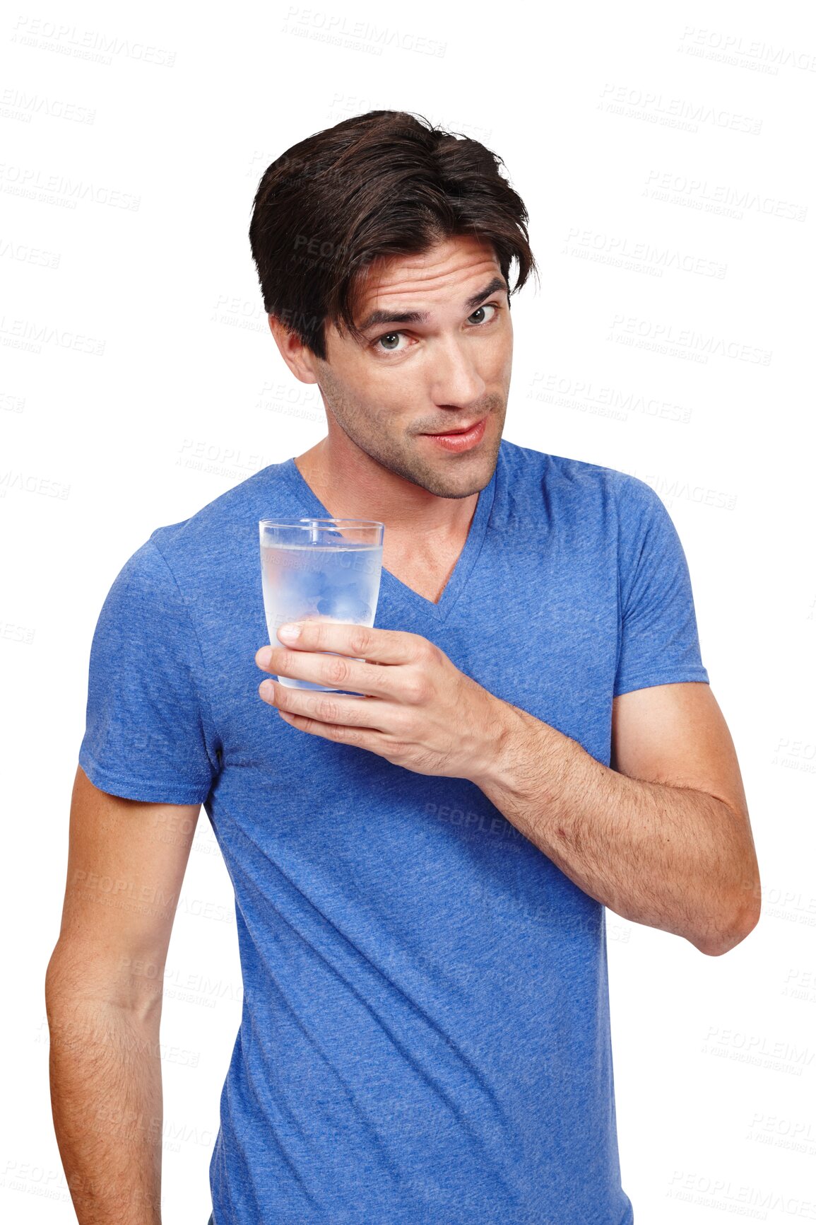 Buy stock photo Portrait, water and hydration with a young man isolated on a transparent background to recommend a drink. Glass, beverage and refreshment with a confident person on PNG for health, diet or nutrition