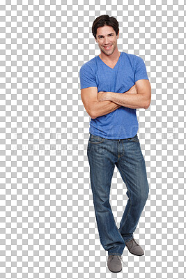 Buy stock photo Happy man, portrait and arms crossed in fashion style isolated on a transparent PNG background. Male person or model smile with denim jeans and tshirt in casual clothing, cool and professional