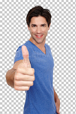 Buy stock photo Man, smile and thumbs up in portrait, promote and thank you or isolated on transparent png background. Male person, emoji and icon or face, winner and agreement or confidence, yes and satisfaction