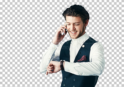 Buy stock photo Businessman, smile or checking time with phone call for schedule isolated on png transparent background. Person, smartphone or watch for meeting, appointment or networking with deadline or discussion