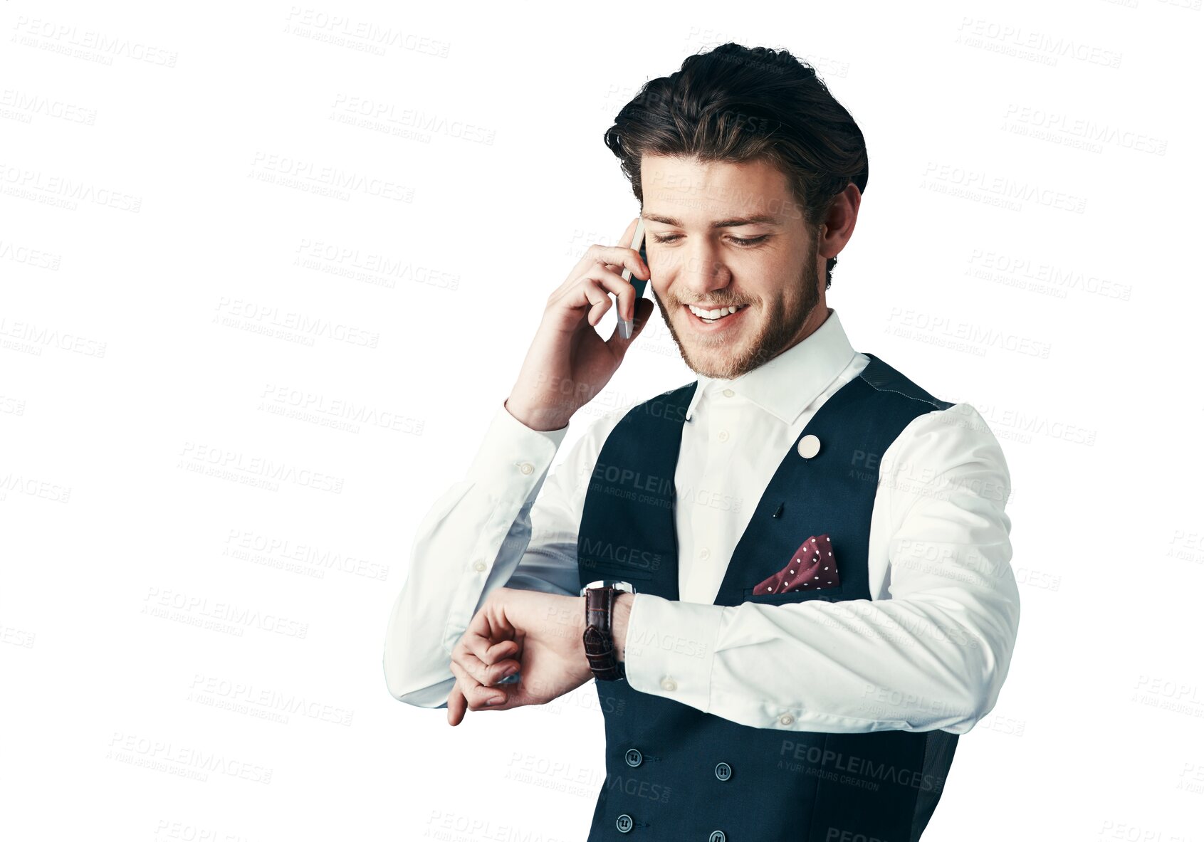 Buy stock photo Businessman, smile or checking time with phone call for schedule isolated on png transparent background. Person, smartphone or watch for meeting, appointment or networking with deadline or discussion