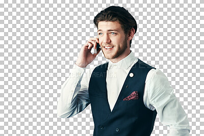 Buy stock photo Happy businessman, phone call and communication in fashion suit isolated on a transparent PNG background. Man or employee talking on mobile smartphone in business conversation, discussion or chatting