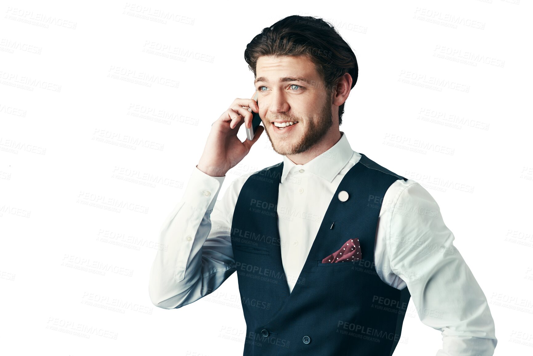 Buy stock photo Happy businessman, phone call and communication in fashion suit isolated on a transparent PNG background. Man or employee talking on mobile smartphone in business conversation, discussion or chatting