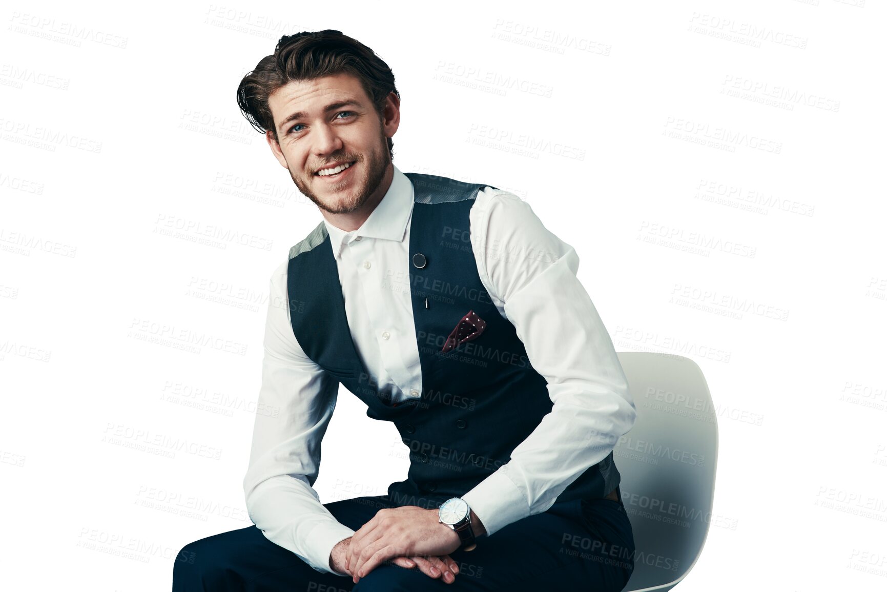 Buy stock photo Fashion, chair and portrait of business man in suit on isolated, transparent or png background. Corporate style, face and happy male lawyer with positive attitude, mindset or friendly consulting