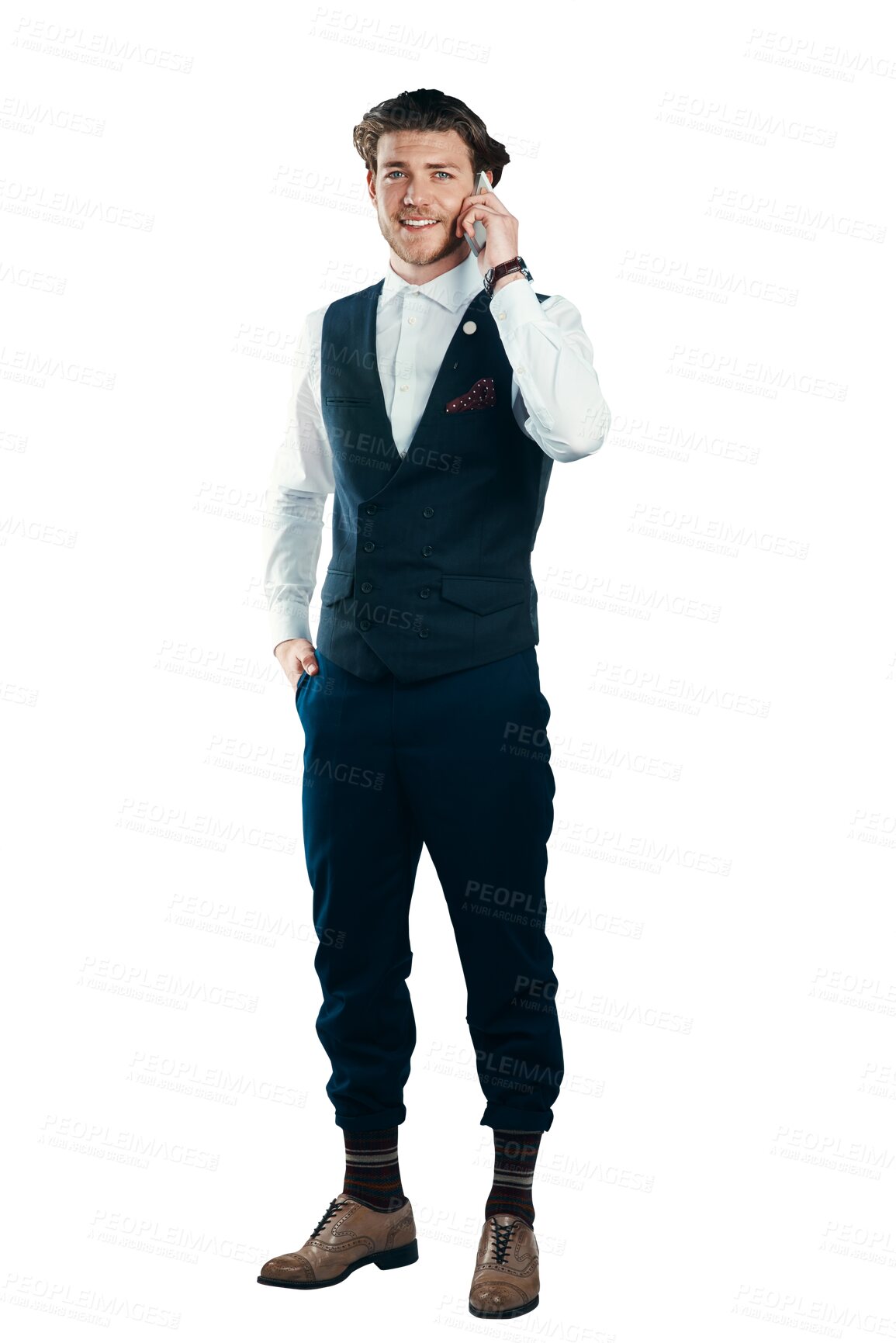 Buy stock photo Happy businessman, phone call and discussion in fashion suit isolated on a transparent PNG background. Man or employee talking on mobile smartphone in business conversation, communication or chatting