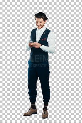 Buy stock photo Smile, business man typing on mobile and social media, reading email and internet search. Happy professional agent on phone app, scroll notification and tech isolated on a transparent png background