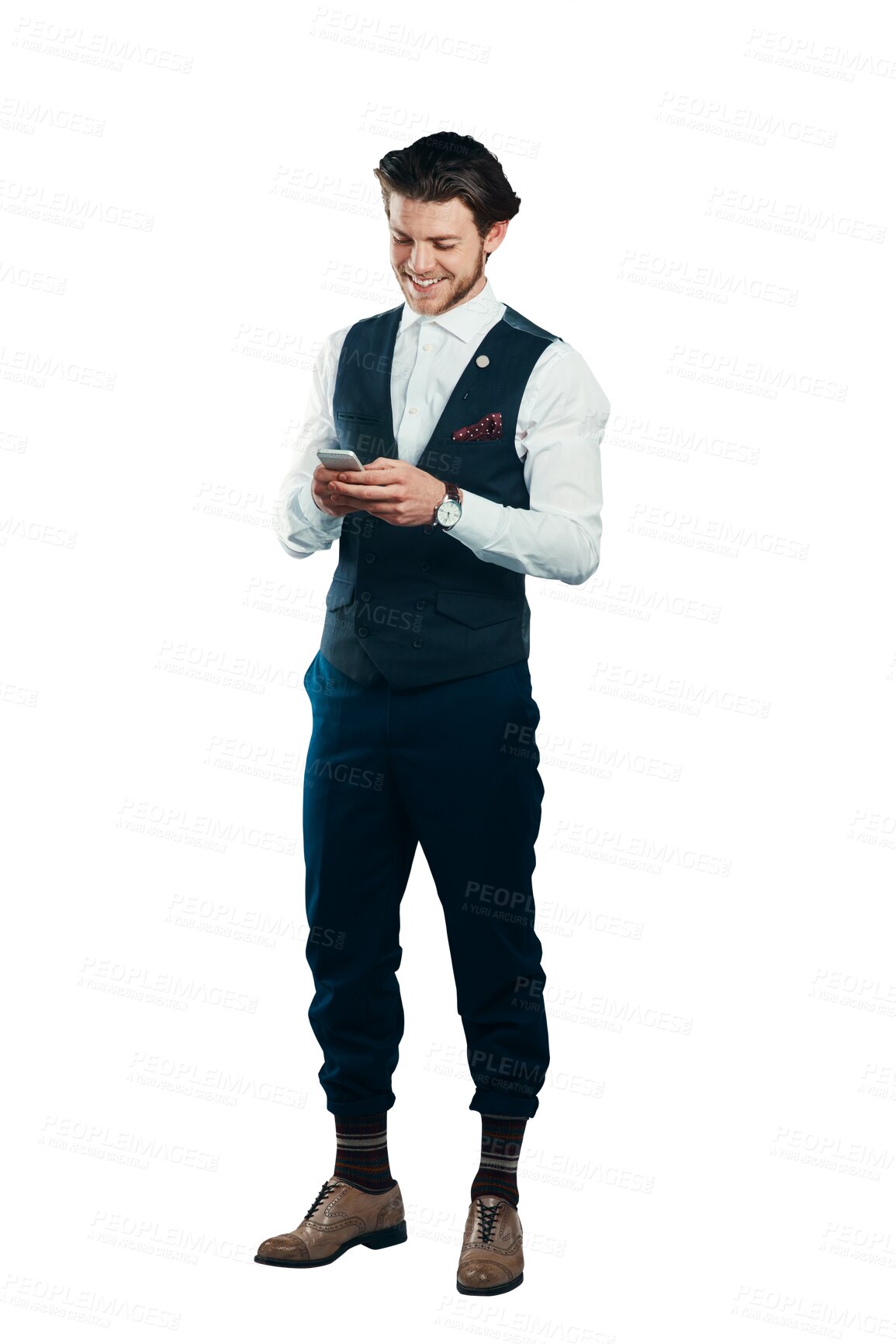 Buy stock photo Smile, business man typing on mobile and social media, reading email and internet search. Happy professional agent on phone app, scroll notification and tech isolated on a transparent png background