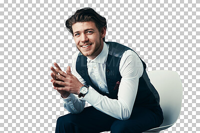 Buy stock photo Portrait, smile and young businessman in chair isolated on transparent png background with trendy fashion. Designer, startup entrepreneur and happy man with confidence, ambition and creative business