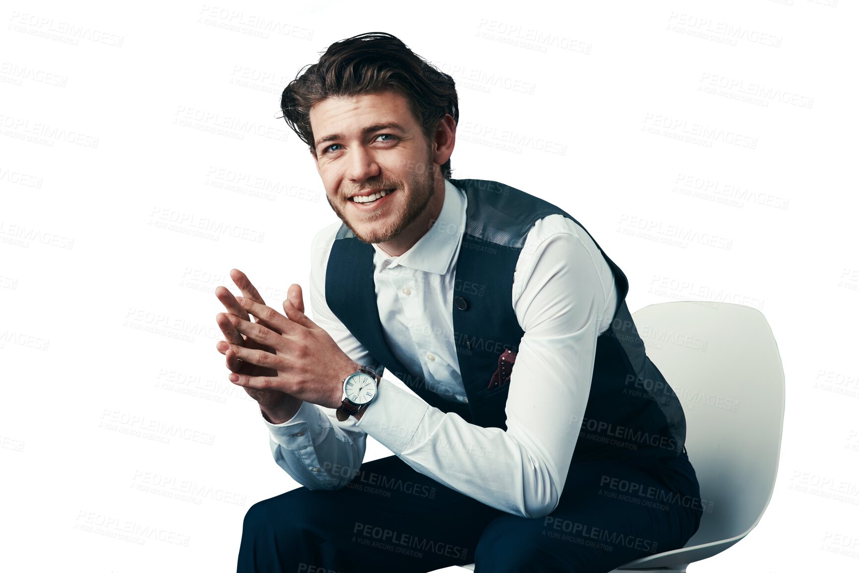 Buy stock photo Portrait, smile and young businessman in chair isolated on transparent png background with trendy fashion. Designer, startup entrepreneur and happy man with confidence, ambition and creative business