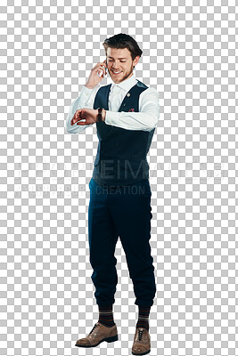 Buy stock photo Businessman, smile and checking time with phone call for schedule isolated on png transparent background. Person, smartphone or watch for meeting, appointment or networking and deadline or discussion