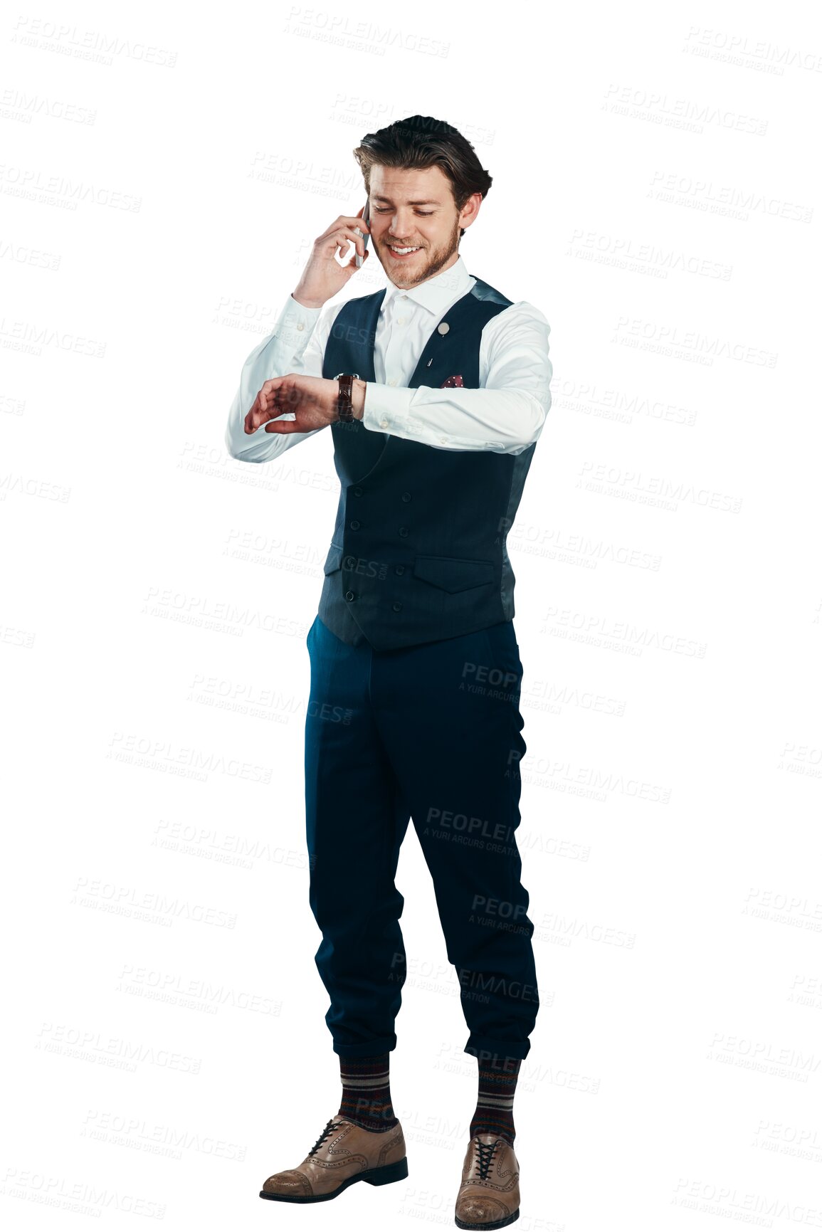 Buy stock photo Businessman, smile and checking time with phone call for schedule isolated on png transparent background. Person, smartphone or watch for meeting, appointment or networking and deadline or discussion