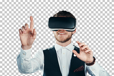 Buy stock photo VR, goggles and happy business man pointing, scroll or typing on cyber network, augmented reality or future AI. Digital transformation, metaverse or agent isolated on transparent, png background