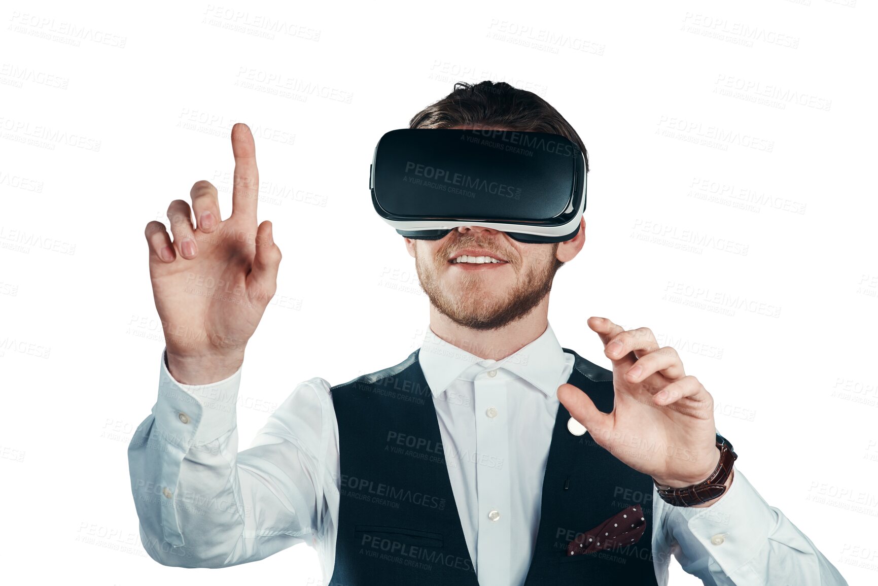 Buy stock photo VR, goggles and happy business man pointing, scroll or typing on cyber network, augmented reality or future AI. Digital transformation, metaverse or agent isolated on transparent, png background