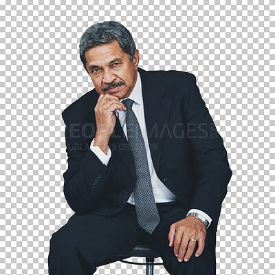 Buy stock photo Portrait, thinking business man or ceo isolated on a transparent png background. Serious mature professional entrepreneur on stool, manager or confident Indian executive, consultant or corporate boss