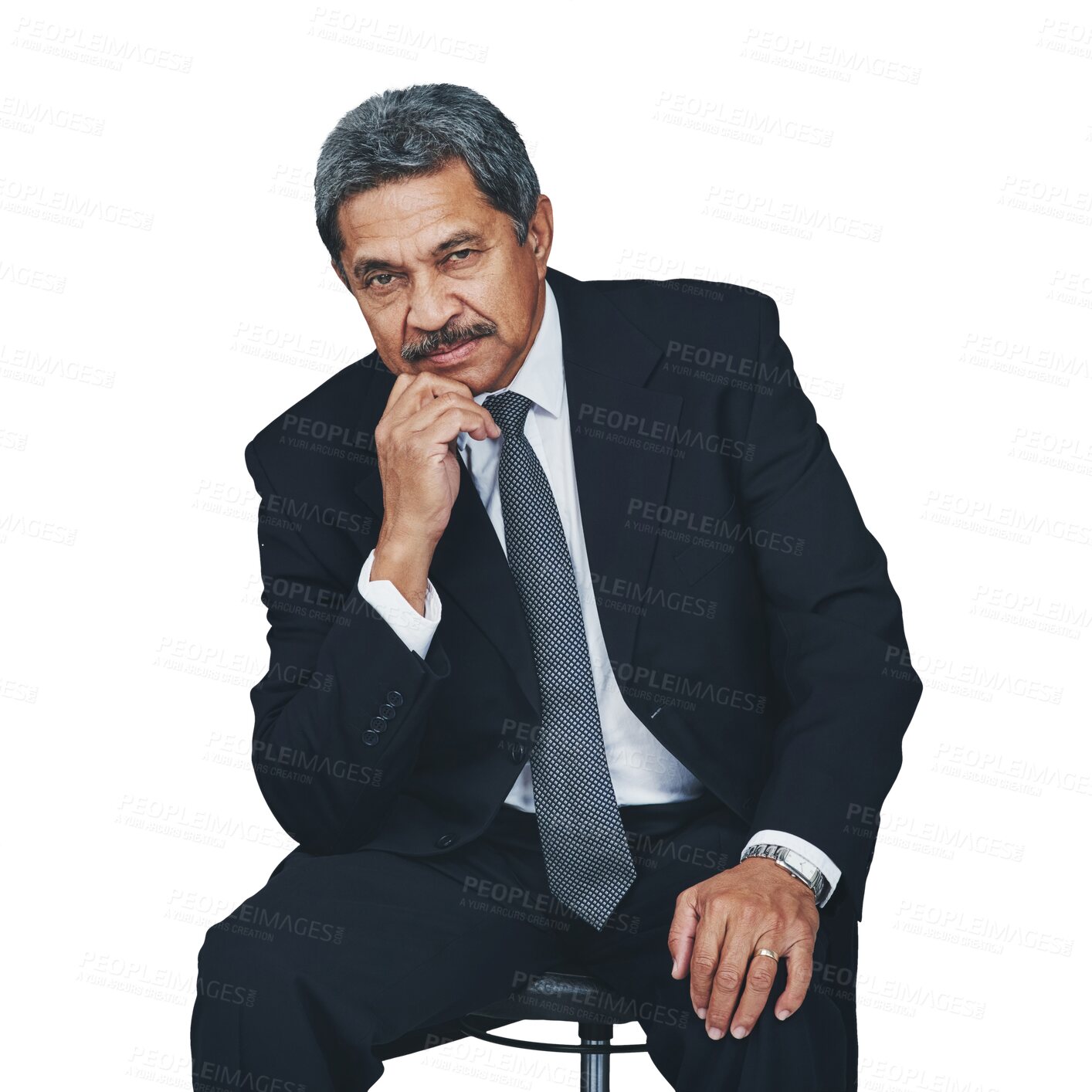 Buy stock photo Portrait, thinking business man or ceo isolated on a transparent png background. Serious mature professional entrepreneur on stool, manager or confident Indian executive, consultant or corporate boss