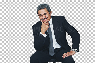 Buy stock photo Mature, businessman and thinking smile for company idea, growth brainstorming for corporate manager. Male person, wondering on isolated transparent png background for decision, planning for future