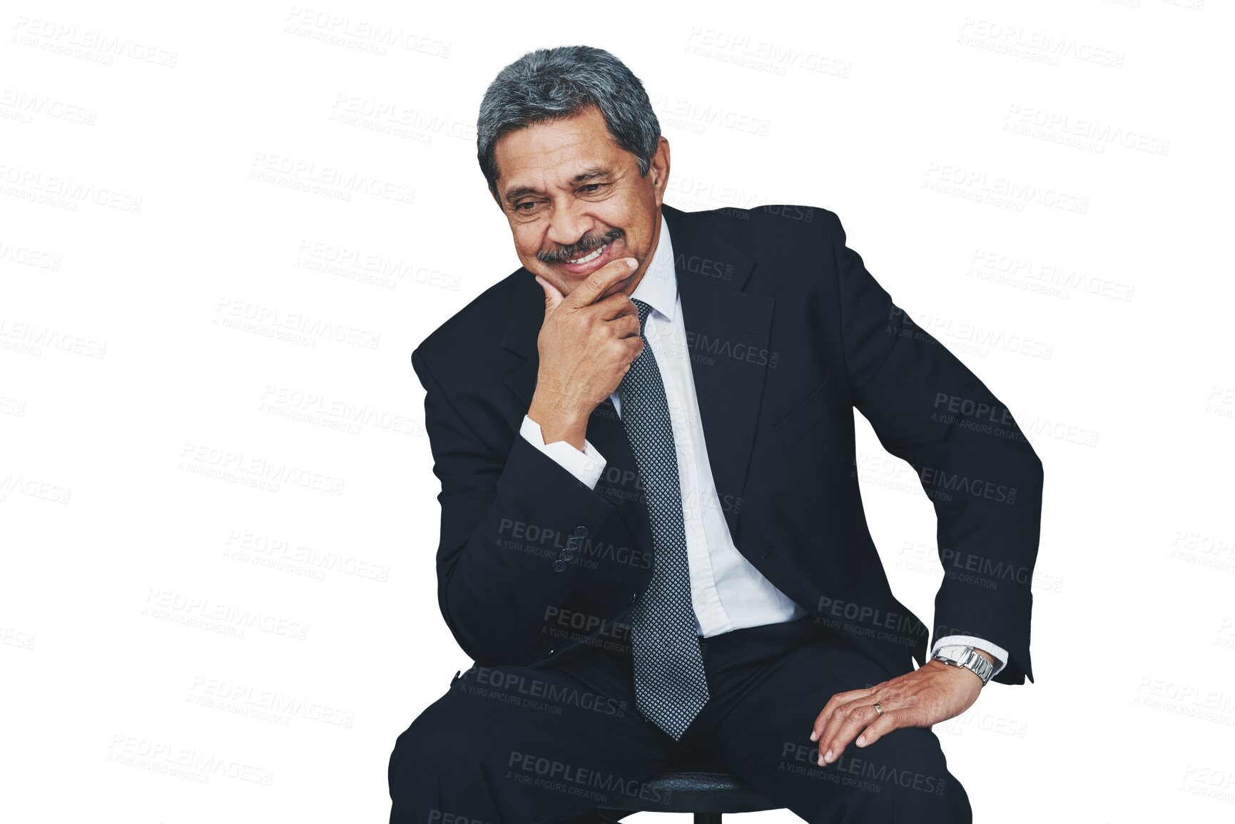 Buy stock photo Mature, businessman and thinking smile for company idea, growth brainstorming for corporate manager. Male person, wondering on isolated transparent png background for decision, planning for future