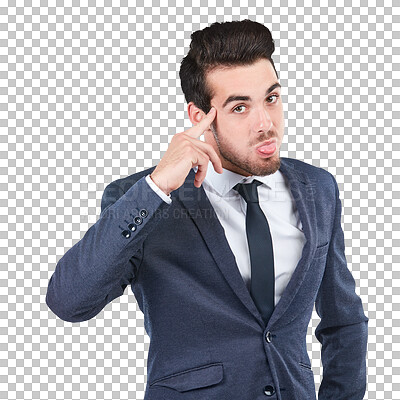 Buy stock photo Businessman, portrait and pointing to head for bullying, sense or style isolated on a transparent PNG background. Handsome young man or employee with tongue out, goofy or silly face in business suit