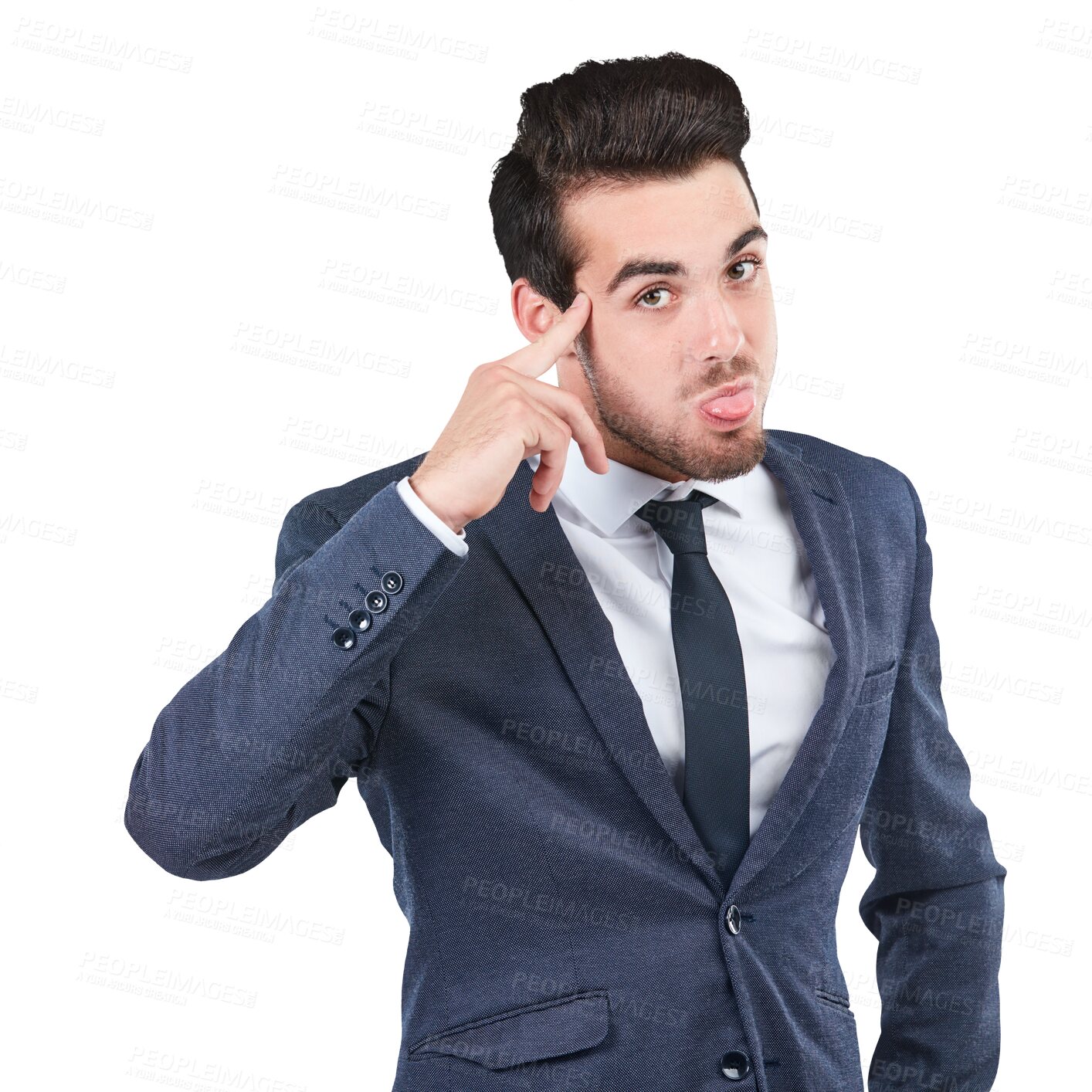 Buy stock photo Businessman, portrait and pointing to head for bullying, sense or style isolated on a transparent PNG background. Handsome young man or employee with tongue out, goofy or silly face in business suit