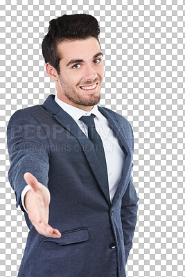 Buy stock photo Portrait, business man or offer of shaking hands, introduction or recruitment isolated on transparent png background. Happy worker, handshake emoji or agreement of HR deal, b2b integration or welcome