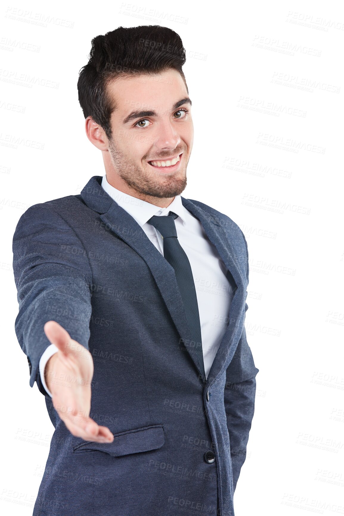 Buy stock photo Portrait, business man or offer of shaking hands, introduction or recruitment isolated on transparent png background. Happy worker, handshake emoji or agreement of HR deal, b2b integration or welcome