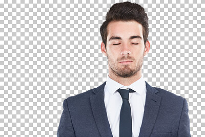 Buy stock photo Businessman, eyes closed and mindfulness for peace with relax wellness, career and emotional intelligence. Young person, entrepreneur and zen to think and break isolated on transparent png background