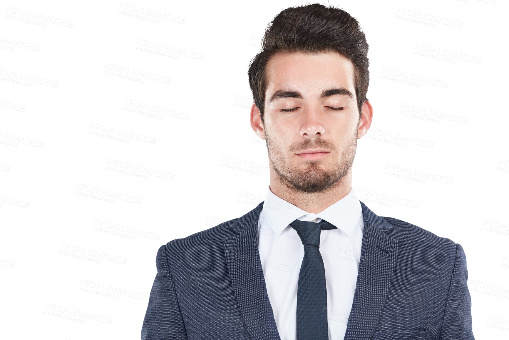 Buy stock photo Businessman, eyes closed and mindfulness for peace with relax wellness, career and emotional intelligence. Young person, entrepreneur and zen to think and break isolated on transparent png background