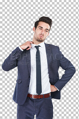 Buy stock photo Business man, hot collar and stress, tired or frustrated isolated on a transparent png background. Heat, corporate professional pulling shirt to relax and sweat, fatigue and nervous or uncomfortable