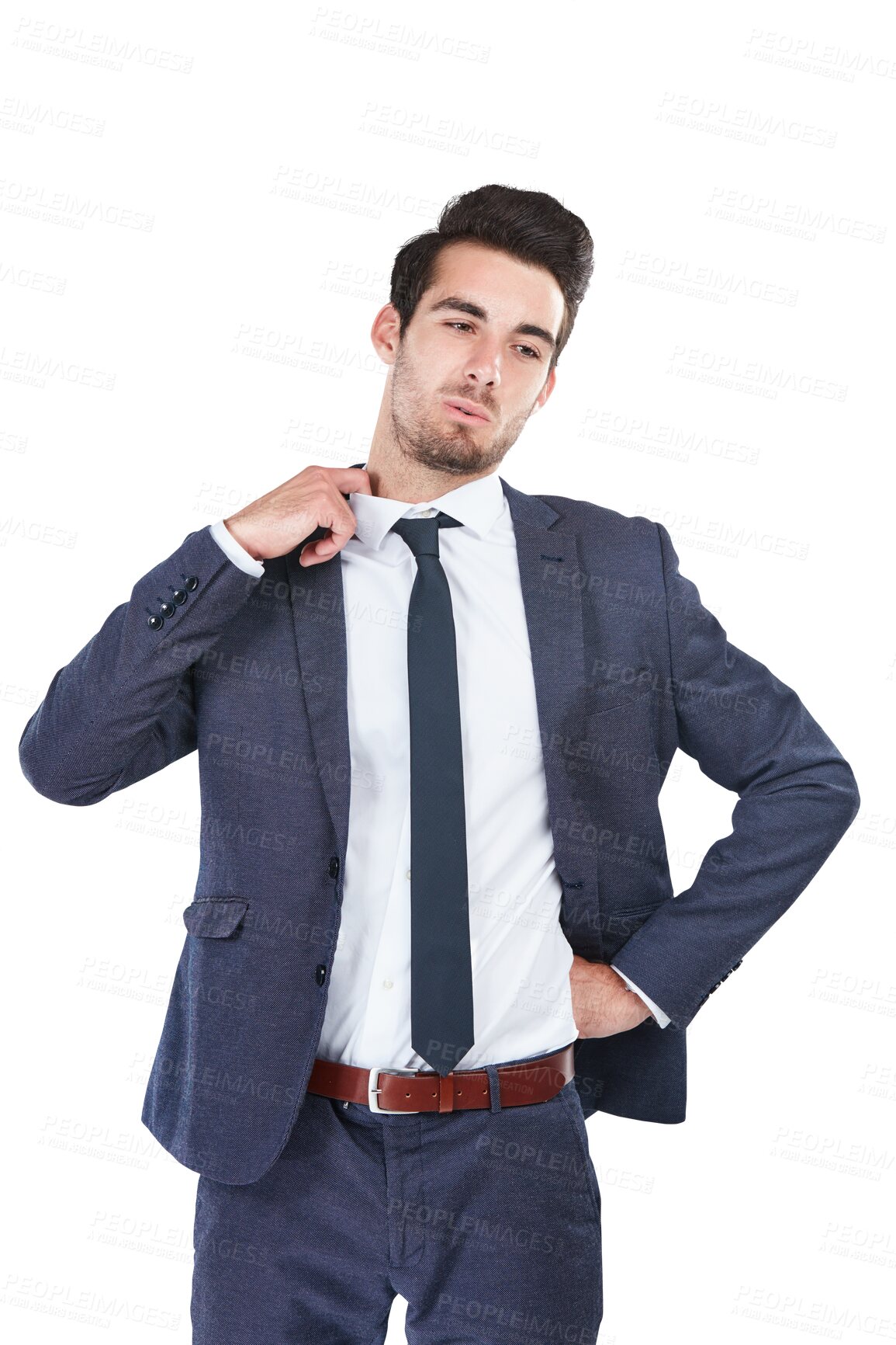 Buy stock photo Business man, hot collar and stress, tired or frustrated isolated on a transparent png background. Heat, corporate professional pulling shirt to relax and sweat, fatigue and nervous or uncomfortable