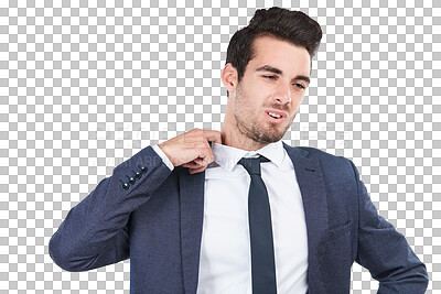 Buy stock photo Business man, hot collar and fatigue, stress or frustrated isolated on a transparent png background. Heat, corporate professional pulling shirt to relax and sweat, tired and nervous or uncomfortable