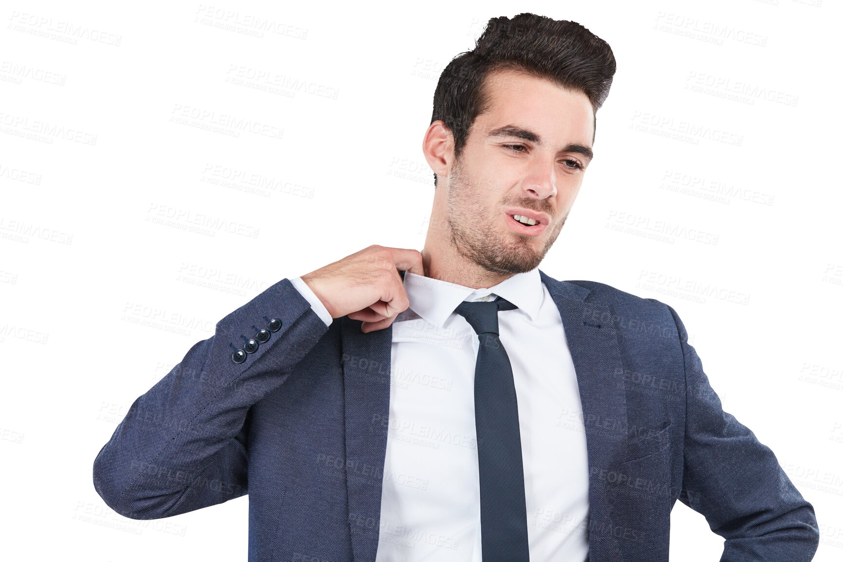 Buy stock photo Business man, hot collar and fatigue, stress or frustrated isolated on a transparent png background. Heat, corporate professional pulling shirt to relax and sweat, tired and nervous or uncomfortable