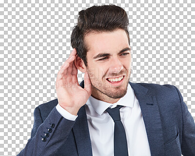 Buy stock photo Businessman, ear and listening gossip as professional employee, word of mouth or office secret rumor. Male person, hand gesture for hearing conversation chat isolated, transparent png as background