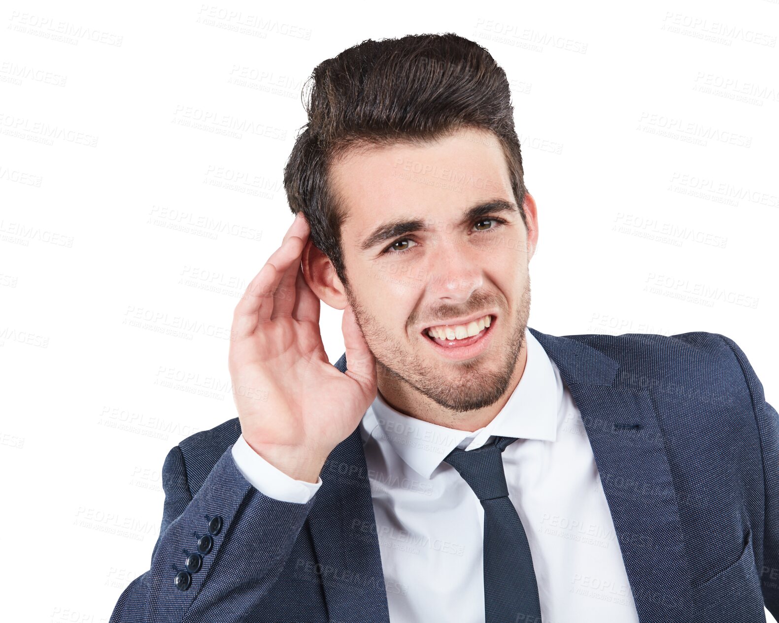 Buy stock photo Portrait, listening and cupping ear with a businessman isolated on a transparent background for gossip. Corporate, smile and hearing with a young employee on PNG for mystery or eavesdropping