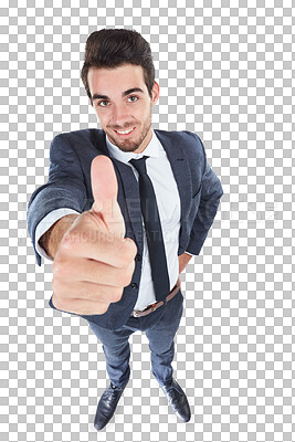 Buy stock photo Happy businessman, portrait and thumbs up for success above isolated on a transparent PNG background. Handsome man or employee smile with like emoji, yes sign or OK for good job, winning or thank you