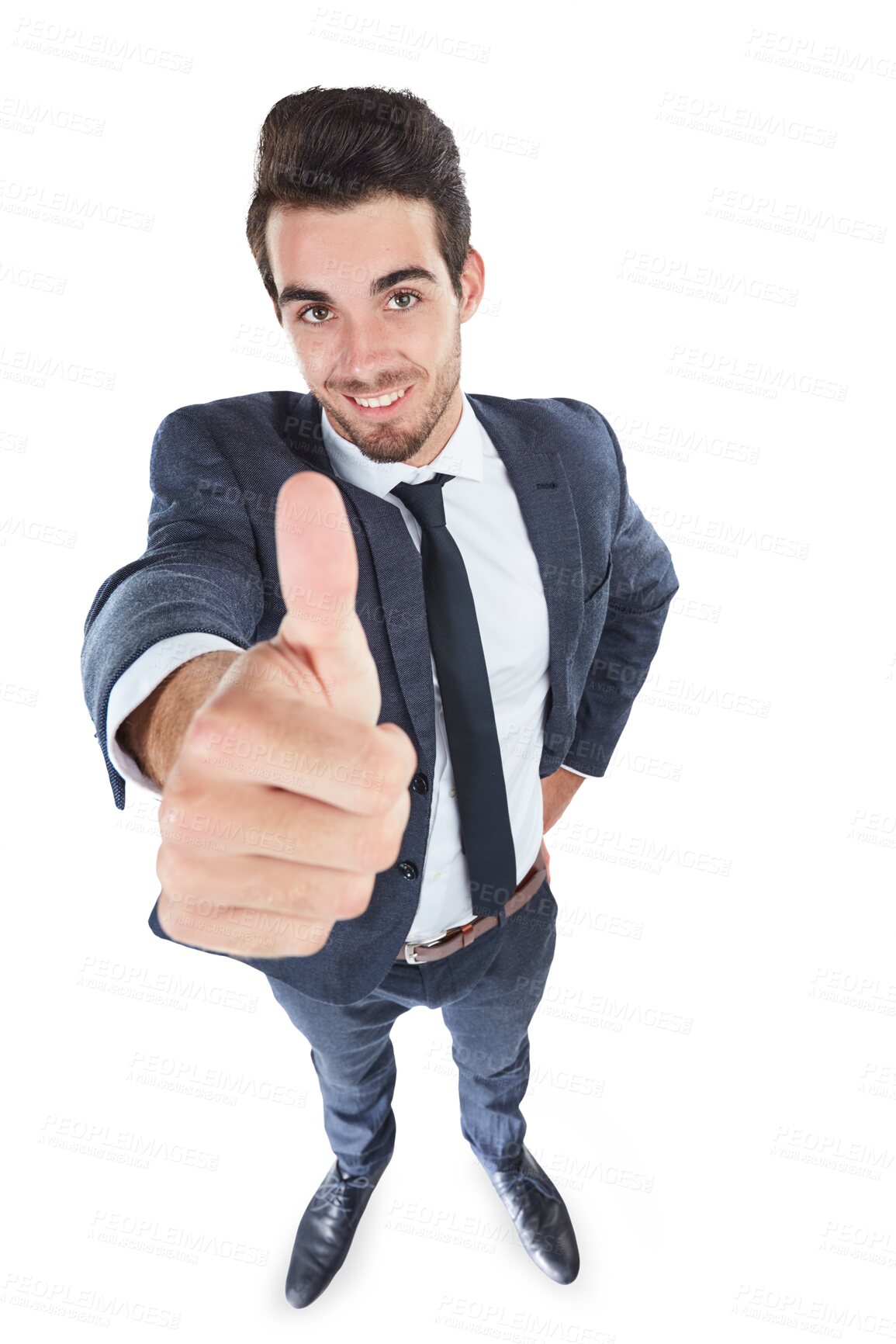 Buy stock photo Happy businessman, portrait and thumbs up for success above isolated on a transparent PNG background. Handsome man or employee smile with like emoji, yes sign or OK for good job, winning or thank you