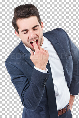 Buy stock photo Mouth, hand or business man with vomit gesture on isolated, transparent or png background. Finger, face or manager with sick, puke or disgust sign for mistake, opinion or working overtime frustration