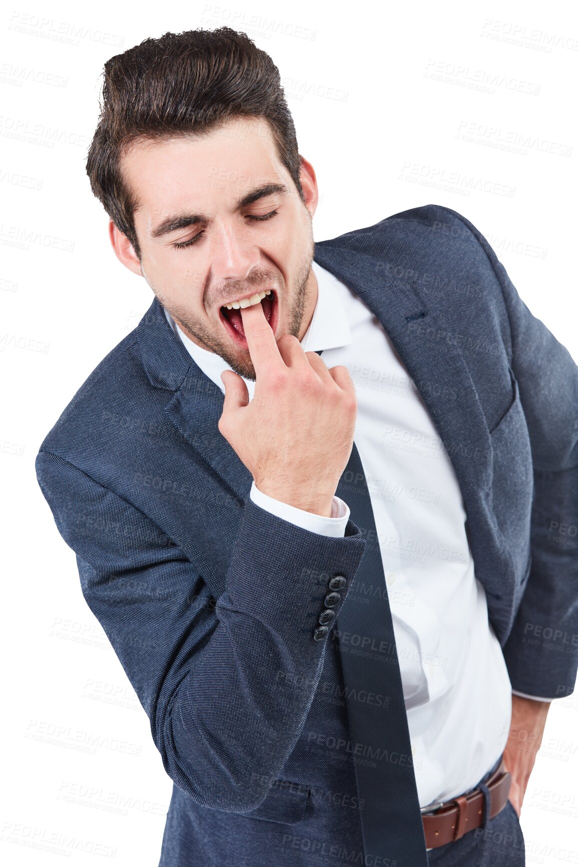 Buy stock photo Mouth, hand or business man with vomit gesture on isolated, transparent or png background. Finger, face or manager with sick, puke or disgust sign for mistake, opinion or working overtime frustration