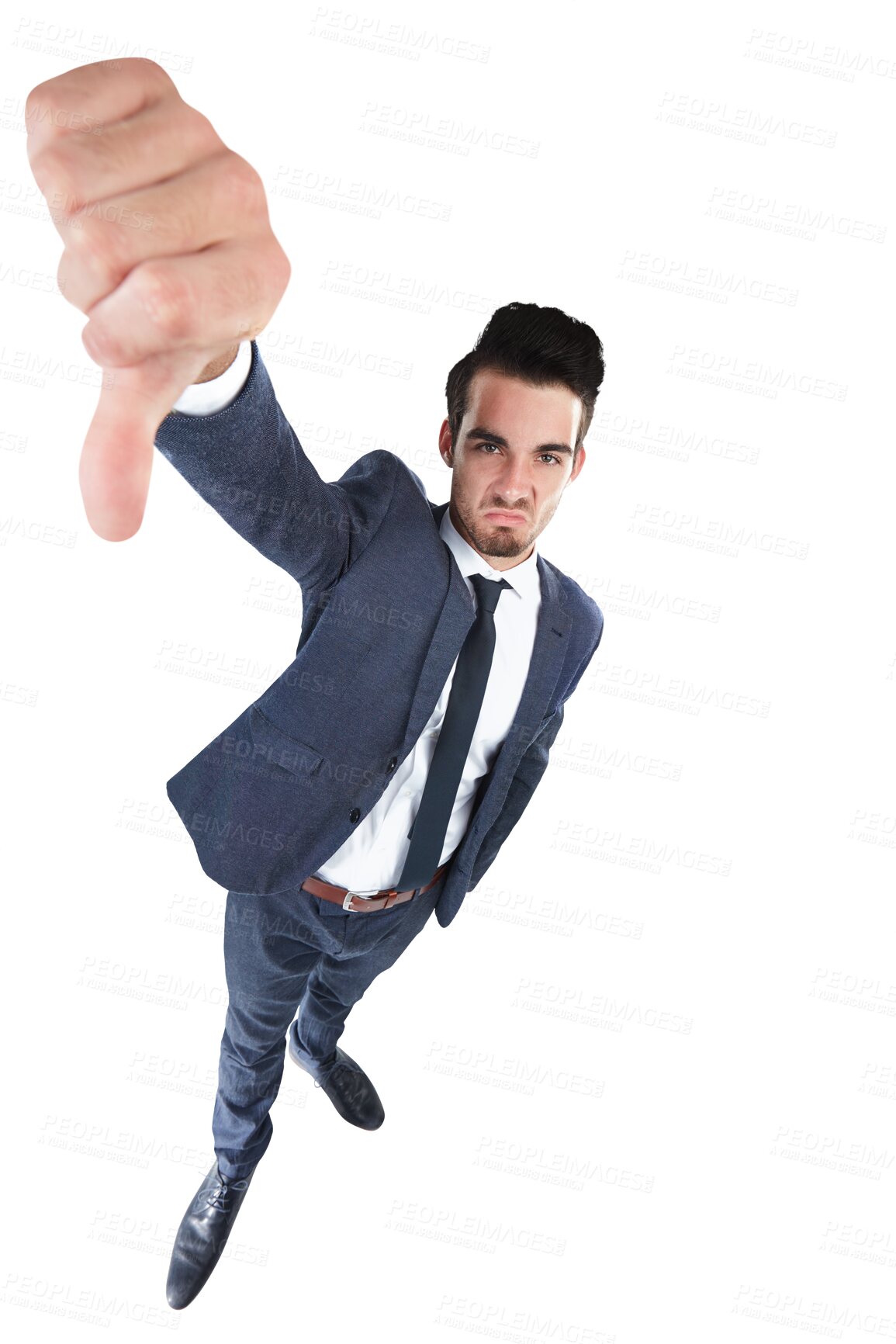 Buy stock photo Portrait, thumbs down and rejection with a business man isolated on a transparent background from above. Review, feedback and fail with an unhappy young employee on PNG for reaction to a mistake