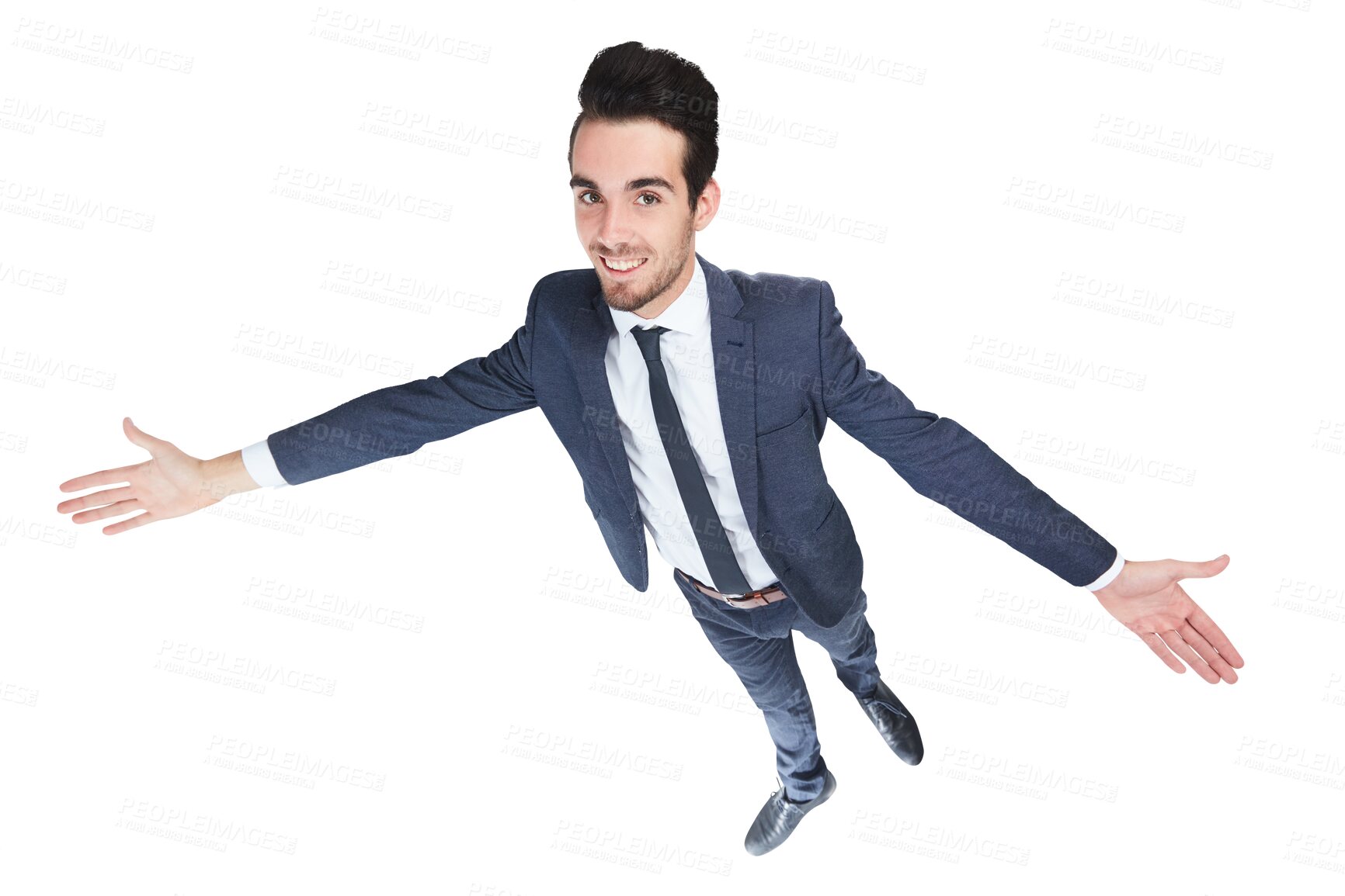 Buy stock photo Business, fashion and portrait of happy man with open hands on isolated, transparent or png background. Corporate, style and face of stylish entrepreneur from above with palm gesture for size measure