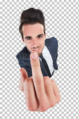 Buy stock photo Businessman, portrait and middle finger as frustrated employee for company, corporate job or unhappy payment. Male person, face and hand gesture for angry job isolated, transparent png as background