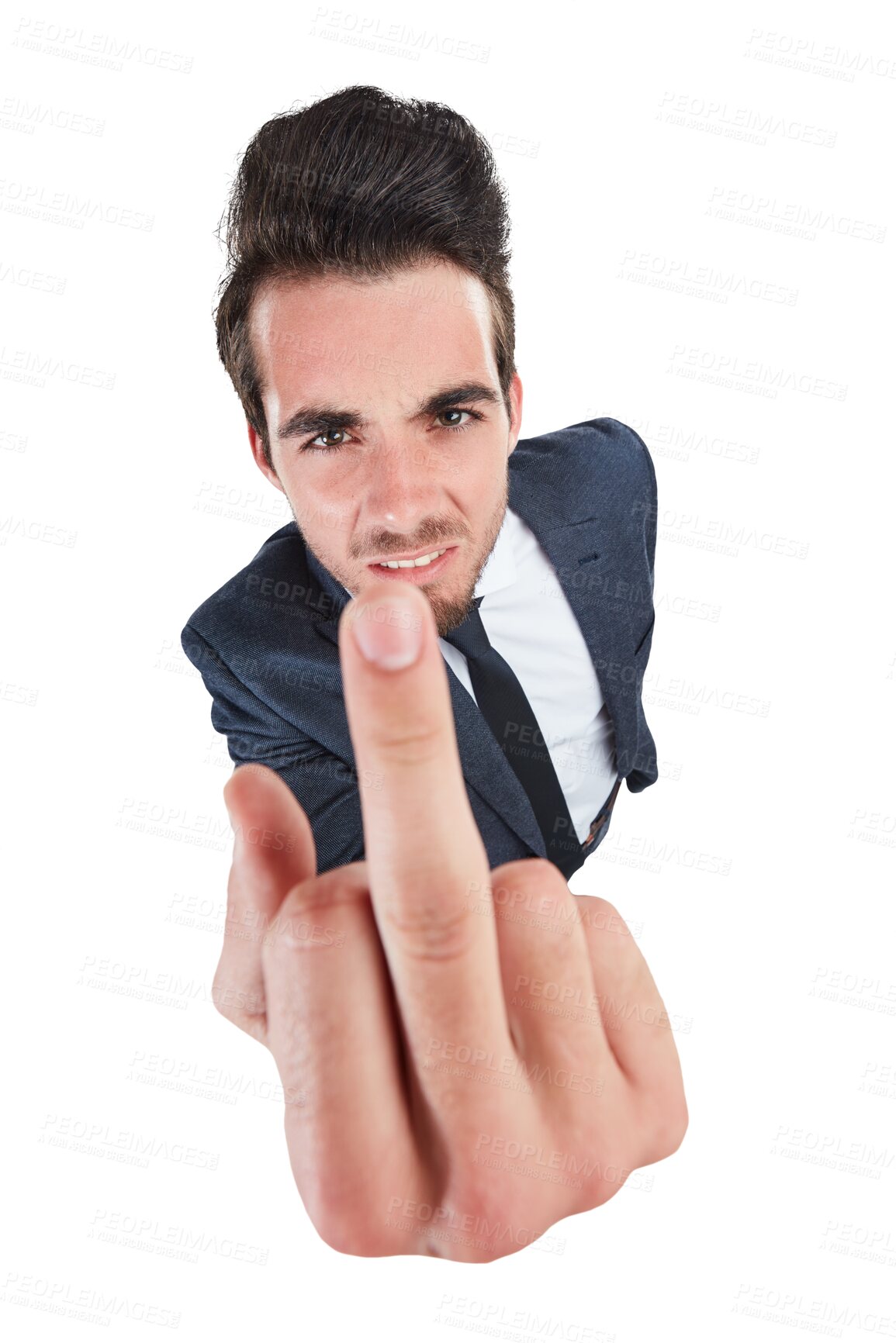 Buy stock photo Businessman, portrait and middle finger as frustrated employee for company, corporate job or unhappy payment. Male person, face and hand gesture for angry job isolated, transparent png as background