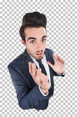 Buy stock photo Businessman, face and portrait in shock or surprise isolated on a transparent PNG background. Handsome man or employee talking in wow, OMG or facial expression for business plan, deal or announcement