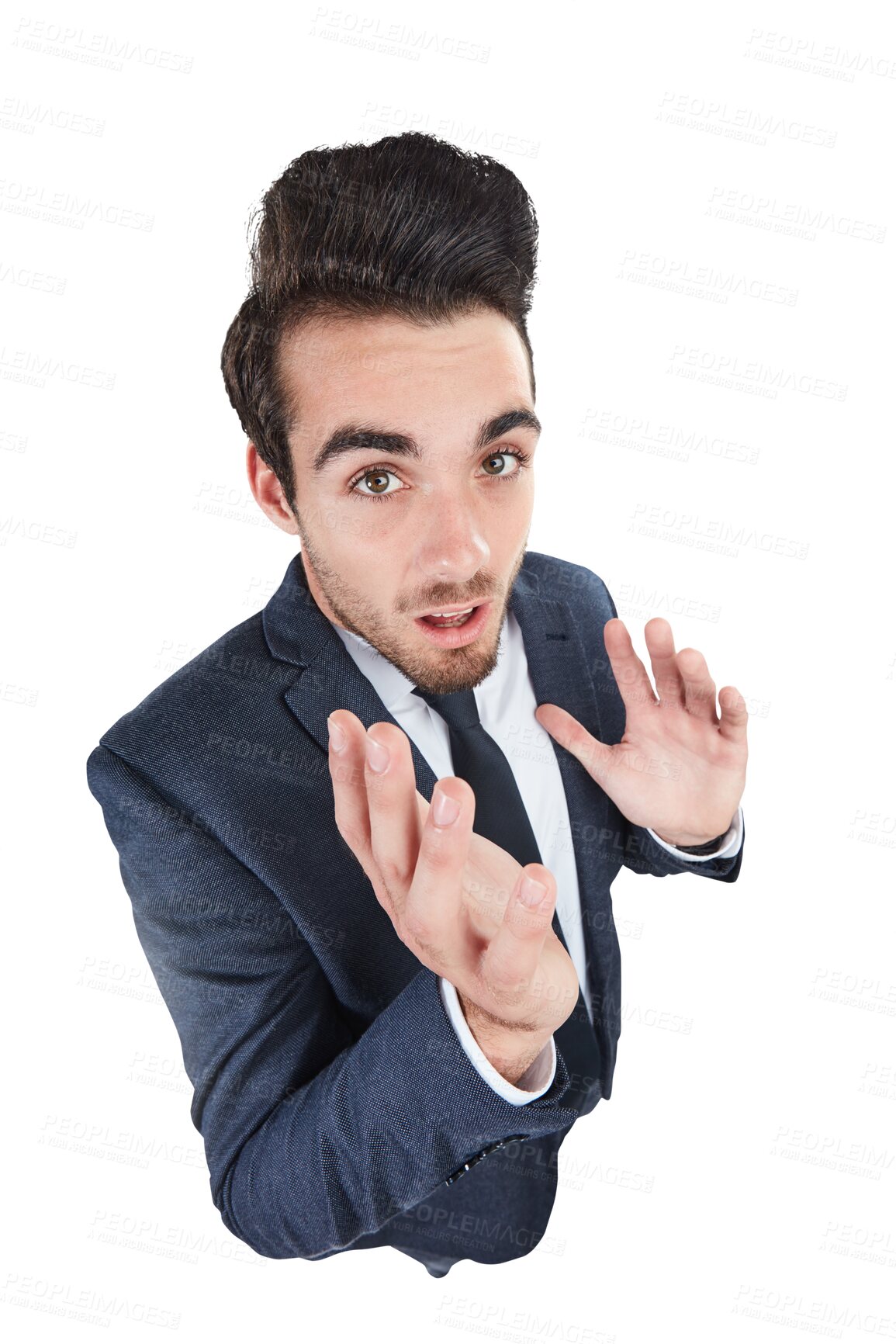 Buy stock photo Businessman, face and portrait in shock or surprise isolated on a transparent PNG background. Handsome man or employee talking in wow, OMG or facial expression for business plan, deal or announcement