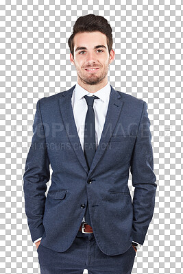 Buy stock photo Portrait, smile and confident business man isolated on a transparent png background. Hands in pocket, happy professional lawyer and employee, corporate worker and legal advisor in suit in Australia